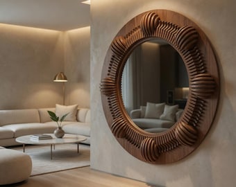 Espejo de pared de madera de lujo, espejo paramétrico moderno, espejo redondo escultural, elemento decorativo para el hogar, espejo de madera mecanizado por CNC.