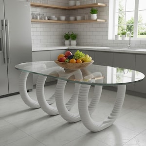 May include: An oval dining table with a clear glass top and three white, spiraled, ring-shaped bases. A wooden bowl filled with assorted fresh fruit, including green grapes, bananas, oranges, and apples, sits centered on the glass surface.