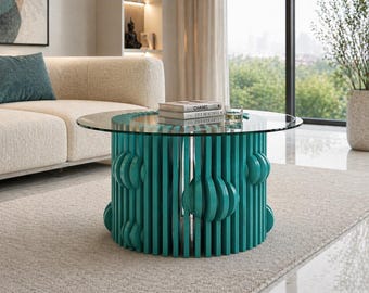 Teal Sculptural Coffee Table  Round Glass Top Table