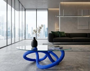 Tavolino parametrico di lusso, tavolo moderno scultoreo con piano in vetro, mobile organico realizzato con macchine a controllo numerico, arredamento contemporaneo per il soggiorno.