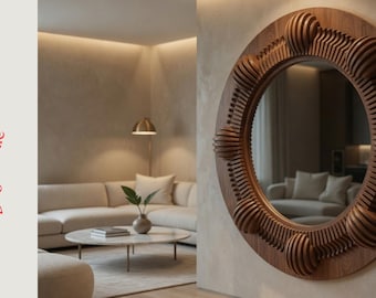 Wooden Parametric Mirror, Sculptural Round Statement Home Decor CNC Wood Mirror