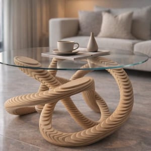 May include: A modern coffee table with a clear glass top and a unique, sculptural base made of light-colored wood. The base features an intricate, swirling design. A cup and a small vase sit on the table.