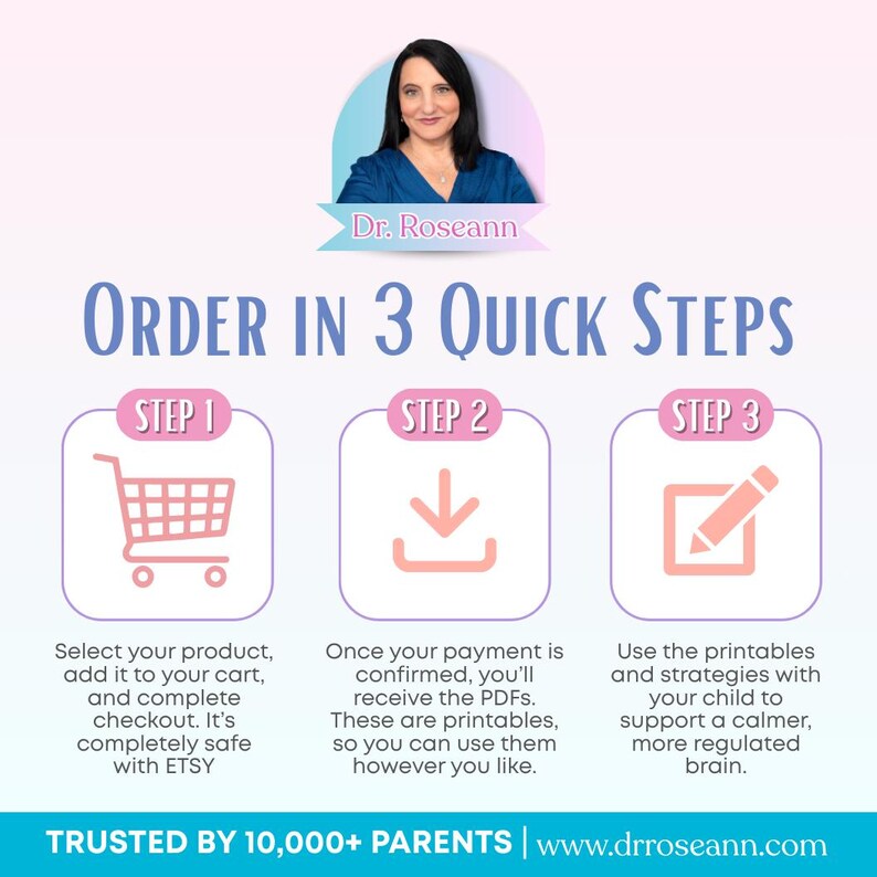 Op de afbeelding: Infographic met de tekst "Bestellen in 3 snelle stappen" en een foto van Dr. Roseann. De stappen worden ge&iuml;llustreerd met een winkelwagen, een downloadpictogram en een potlood. De tekst luidt "Vertrouwd door 10.000+ ouders".