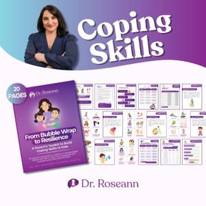 Op de afbeelding: De afbeelding toont een vrouw en een toolkit getiteld "From Bubble Wrap to Resilience" door Dr. Roseann. De toolkit, met 20 pagina's, is ontworpen om ouders te helpen copingvaardigheden bij kinderen op te bouwen. De achtergrond bevat de woorden "Coping Skills".