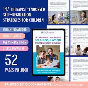 May include: A digital tablet displays the cover of a book titled "147 Therapist-Endorsed Self-Regulation Strategies for Children." The cover features a photo of a woman and a boy. Text on the tablet includes "Instant Download" and "52 Pages Included."