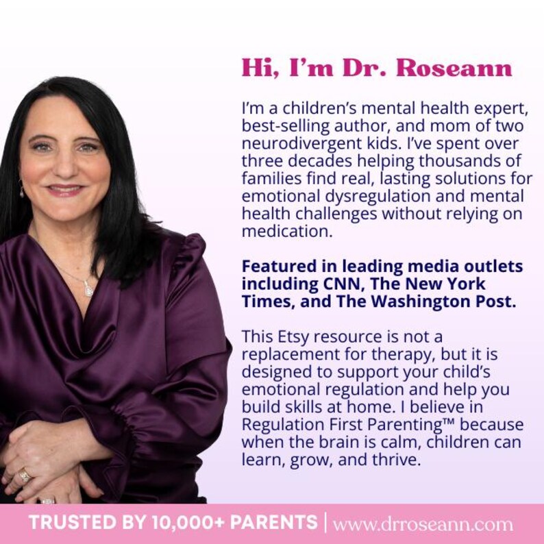 Op de afbeelding: Afbeelding van Dr. Roseann, een expert op het gebied van de geestelijke gezondheid van kinderen, met tekst die haar expertise en media-optredens benadrukt. De afbeelding bevat de tekst "TRUSTED BY 10,000+ PARENTS" en haar websiteadres.