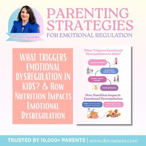 Può includere: Un grafico informativo con il testo "Strategie genitoriali per la regolazione emotiva". Include un ritratto della Dr. Roseann e dettagli sui fattori scatenanti e sull'impatto della nutrizione sulla disregolazione emotiva nei bambini.