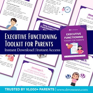 Op de afbeelding: Een paarse toolkit-omslag met de titel "EXECUTIVE FUNCTIONING TOOLKIT FOR PARENTS" en de tekst "Instant Download | Instant Access". De toolkit is voor ouders en bevat strategie&euml;n om kinderen te helpen.
