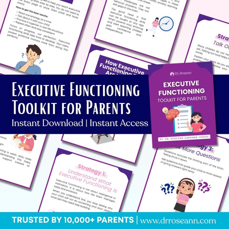 Op de afbeelding: Een paarse toolkit-omslag met de titel "EXECUTIVE FUNCTIONING TOOLKIT FOR PARENTS" en de tekst "Instant Download | Instant Access". De toolkit is voor ouders en bevat strategie&euml;n om kinderen te helpen.