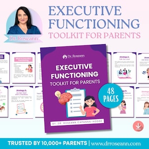 Può includere: Un toolkit viola e bianco intitolato "Executive Functioning Toolkit for Parents" della Dr. Roseann Capanna-Hodge. Il toolkit ha 48 pagine e include illustrazioni e strategie per i genitori.