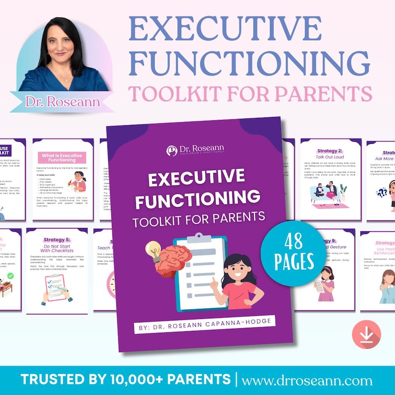 Op de afbeelding: Een paars en witte toolkit getiteld "Executive Functioning Toolkit for Parents" door Dr. Roseann Capanna-Hodge. De toolkit heeft 48 pagina's en bevat illustraties en strategie&euml;n voor ouders.