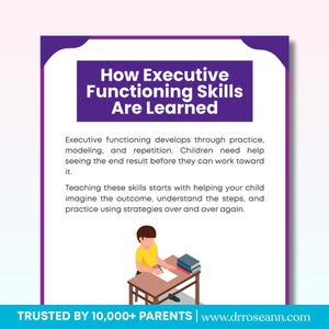 Op de afbeelding: Een paarse en witte afbeelding met de tekst "Hoe executieve vaardigheden worden geleerd". De afbeelding bevat een kind aan een bureau en de tekst "TRUSTED BY 10,000+ PARENTS | www.drroseann.com."