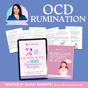 Könnte beinhalten: Das Bild zeigt eine Frau und verschiedene Ressourcen zum Thema Zwangsstörung (OCD) und Grübeln. Der Text enthält "OCD RUMINATION", "10 CALMING WAYS to STOP Rumination thoughts" und "RUMINATION SEVERITY SCALE". Die Ressourcen sind für Eltern von Kindern und Teenagern mit Zwangsstörung.