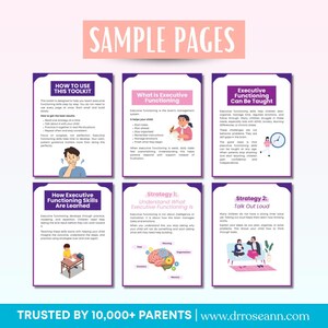 Op de afbeelding: Een verzameling van zes voorbeeldpagina's uit een toolkit, elk met een paarse rand en witte tekst. De pagina's behandelen onderwerpen als executief functioneren en hoe je het kunt aanleren. De bovenste banner luidt "SAMPLE PAGES".