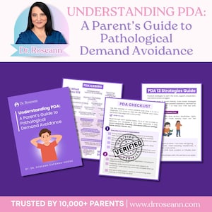 Puede incluir: Un libro morado titulado "Understanding PDA: A Parent's Guide to Pathological Demand Avoidance" con una ilustración infantil. También se ven listas de verificación y guías. La imagen presenta un retrato de la Dra. Roseann.
