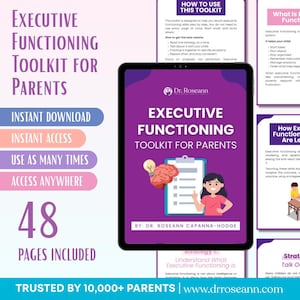 Op de afbeelding: Een digitale toolkit voor ouders, getiteld "Executive Functioning Toolkit for Parents". De afbeelding toont een tablet met de omslag van de toolkit, met een hersenen- en klembordafbeelding. Extra tekst bevat "Direct downloaden" en "48 pagina's inbegrepen".