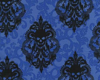 Skulls Out Royal Blue Damask - Michael Miller - Cotton Woven fabric by the yard