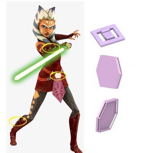 May include: A green lightsaber with a purple hilt, held by a female character wearing white and blue headwear, a red and brown outfit, and a brown belt. The character is wearing brown boots and has a determined expression.