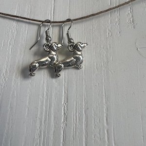 Handcrafted DACHSHUND WIENER SAUSAGE Dog Earrings - New - Dangle Earrings - 1&quot; -Silver tone earrings - Unique jewelry -Cute!