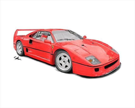Ferrari F40 | Realistic Car Drawing | Print | Hand Drawn | Alcohol