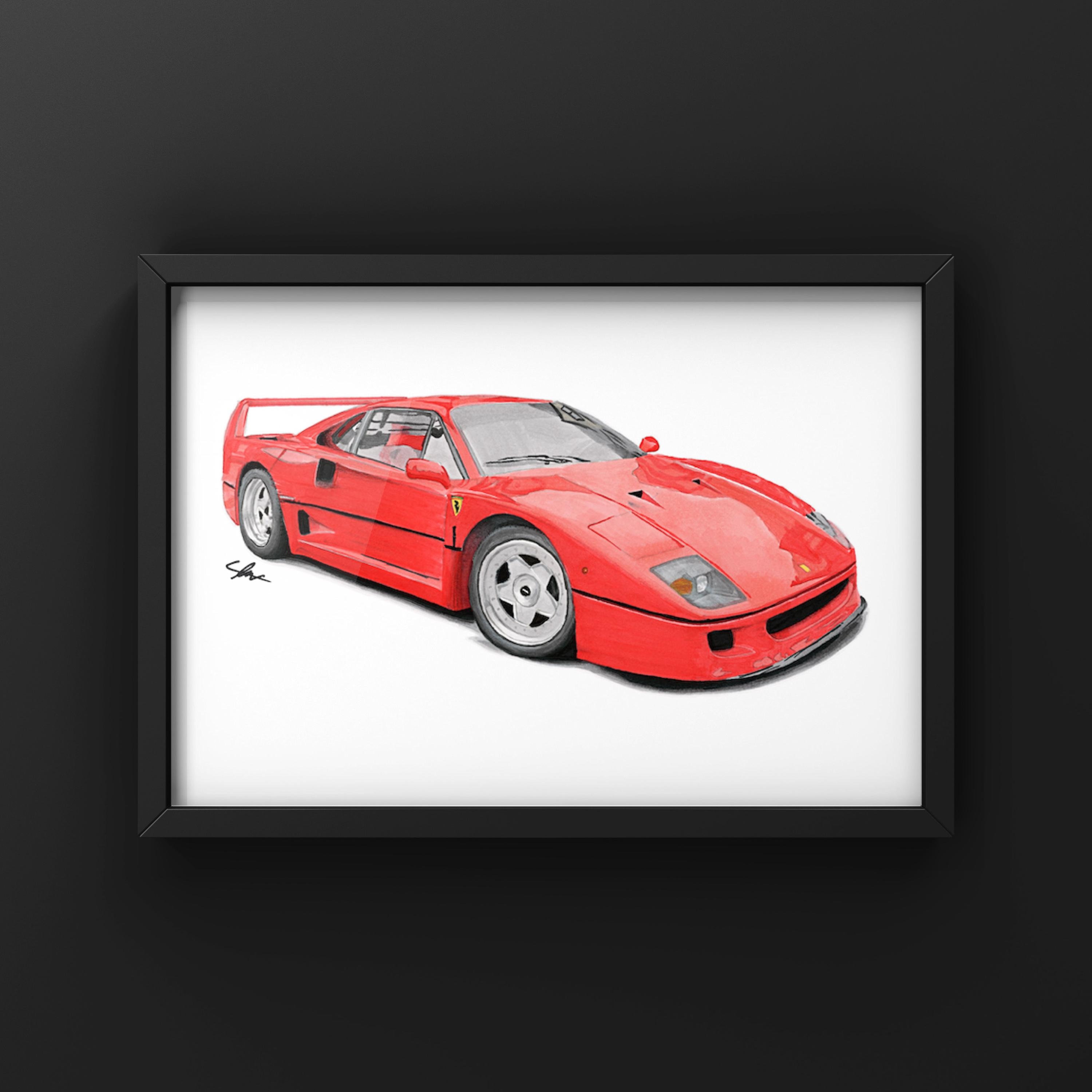 Ferrari F40 | Realistic Car Drawing | Print | Hand Drawn | Alcohol