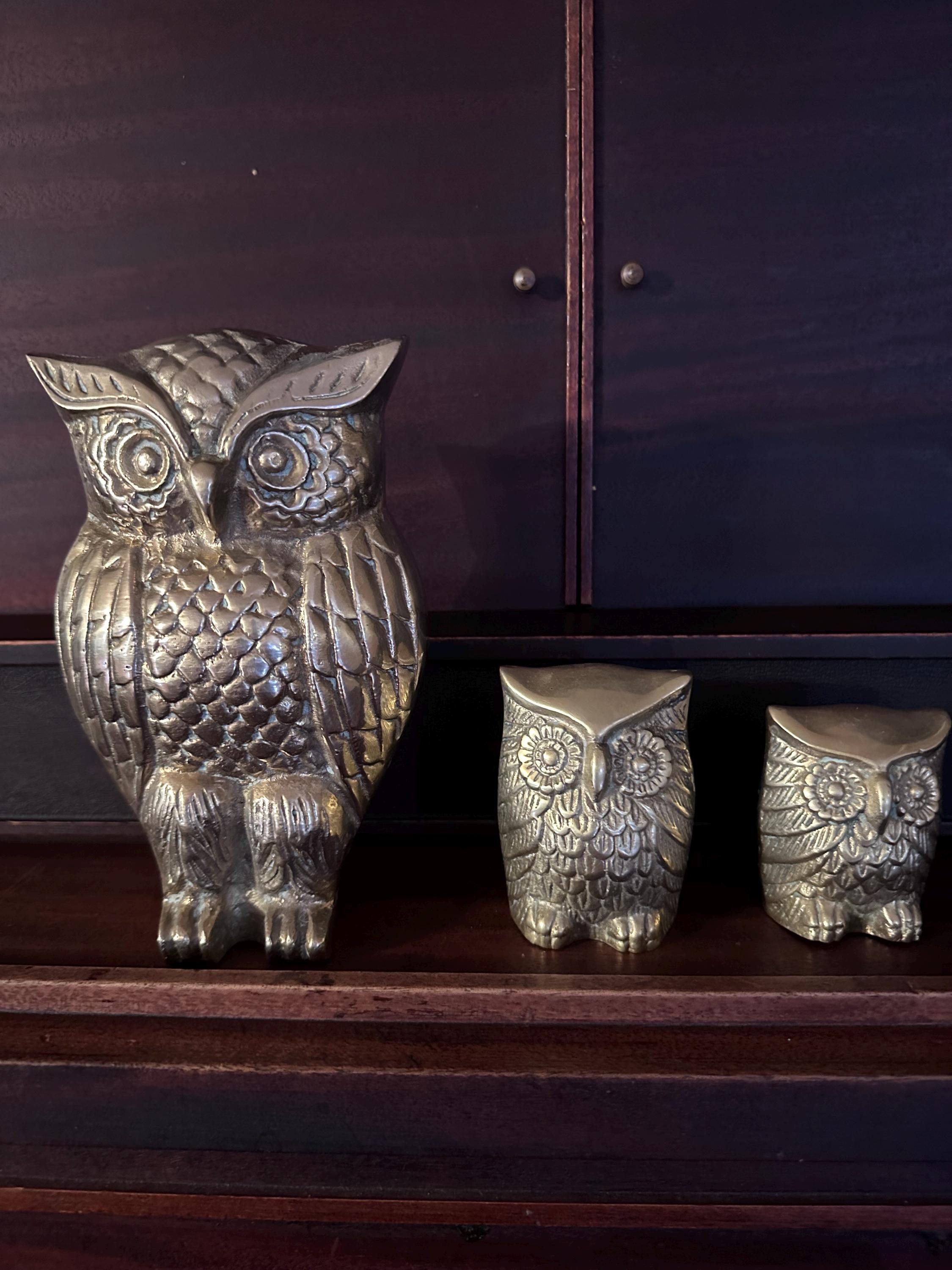 Vintage MCM set of 3 Brass Owl figurines