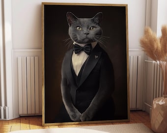 Russian Blue Cat Suit Portrait - Cat Poster - Pet Portrait - Custom Pet Art - Russian Blue Wall Art - Cat Art - Gift for Cat Owner Funny Art
