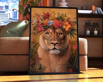 Maximalist Lioness Poster - Floral Animal Print - Lioness Wall Art - Animal Print - Animal Portrait - Vintage Floral Funky Colourful Vintage