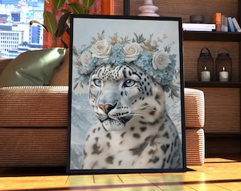 Maximalist Snow Leopard Poster - Floral Animal Print - Leopard Wall Art - Animal Print - Animal Portrait - Vintage Floral Funky Colourful