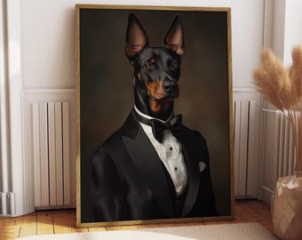 May include: A black and brown dog wearing a black tuxedo with a white shirt and a black bow tie. The dog is looking directly at the viewer. The background is a dark brown color.