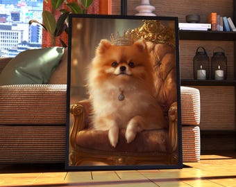 Può includere: Un cane pomerania arancione e soffice con una corona d'oro siede su un trono dorato. Il cane indossa una collana di diamanti e guarda direttamente la telecamera.