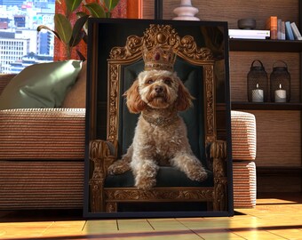 May include: A brown and white dog wearing a gold crown sits on a gold throne with a green velvet cushion. The dog is looking directly at the camera.