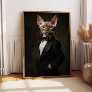Devon Rex Tuxedo Portrait - Katzen Poster - Haustier Portrait - Individuelle Haustier Kunst - Devon Rex Katzen Kunst - Katzen Wandkunst - Geschenk für Katzenbesitzer Suit Lustig