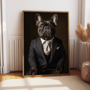 Brindle French Bulldog Suit Portrait - Dog Poster - Pet Portrait - Tuxedo Pet Art - French Bulldog Art - Dog Art - Gift for Dog Lover Funny