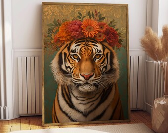 Maximalist Tiger Poster - Floral Animal Print - Tiger Wall Art
