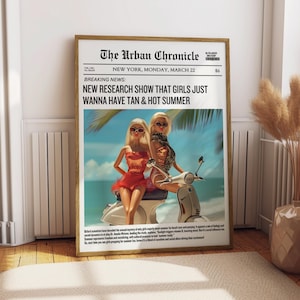 Póster "Las chicas solo quieren broncearse" - Impresión de periódico divertida - Póster divertido - Arte mural para chicas - Póster de champán - Arte con cita bohemia y chic para chicas