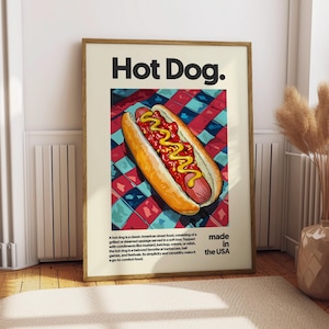 Hot Dog Poster - Food Poster - Kitchen Decor - Kitchen Print - American Food - BBQ Food - Gift for Hot Dog Lover - Food Art - USA Food Art