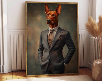 May include: A painting of a dog wearing a dark gray suit with a patterned tie and a white shirt. The dog has brown fur and is standing with its hands in its pockets. The background is a dark green color.