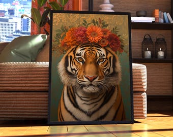 Maximalist Tiger Poster - Floral Animal Print - Tiger Wall Art - Animal Print - Animal Portrait - Vintage Floral Funky Colourful Vintage