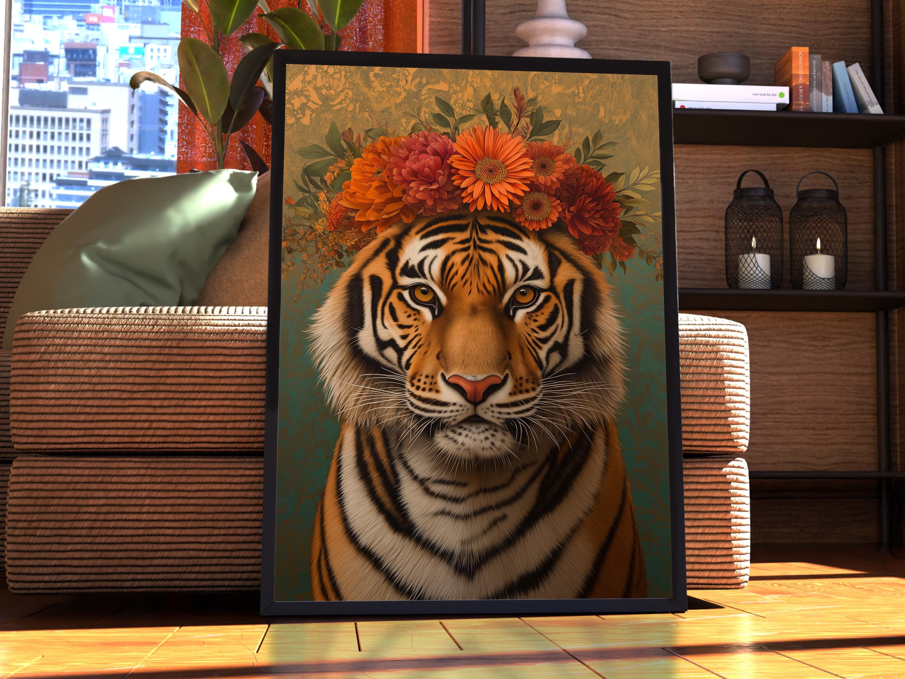 Maximalist Tiger Poster - Floral Animal Print - Tiger Wall Art