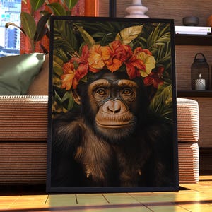 Maximalist Monkey Poster - Floral Animal Print - Chimp Wall Art - Animal Print - Animal Portrait - Vintage Floral Funky Colourful Vintage