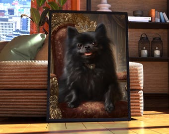 Portret Pommeren zwart - hond poster - huisdier portret - aangepaste huisdier kunst - Pommeren hond - hond kunst - cadeau voor hondenliefhebber - portret Pommeren