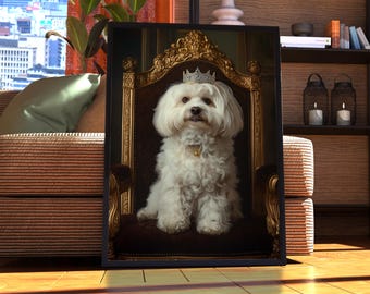 May include: A white dog wearing a gold crown sits on a gold throne. The dog is looking directly at the camera. The background is a dark brown color.