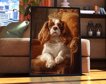 May include: A Cavalier King Charles Spaniel dog wearing a gold crown sits on a gold throne with a gold and brown patterned cushion. The dog has brown and white fur and is looking directly at the viewer.