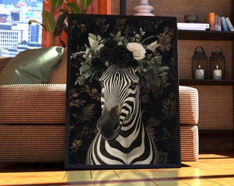 Maximalist Zebra Poster - Floral Animal Print - Zebra Wall Art - Animal Print - Animal Portrait - Vintage Floral Funky Colourful Vintage
