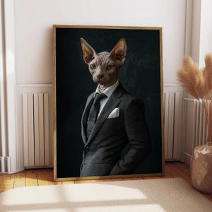 Sphynx Cat Suit Portrait - Cat Poster - Pet Portrait - Custom Pet Art - Sphynx Wall Art - Cat Art - Gift for Cat Owner Vintage - Hairless