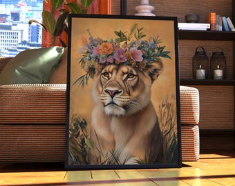 Maximalist Lioness Poster - Floral Animal Print - Lioness Wall Art - Animal Print - Animal Portrait - Vintage Floral Funky Colourful Vintage