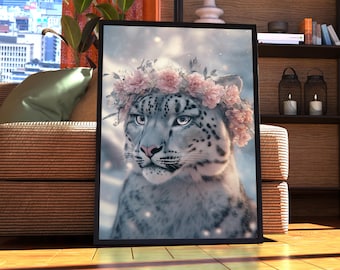 Maximalist Snow Leopard Poster - Floral Animal Print - Leopard Wall Art - Animal Print - Animal Portrait - Vintage Floral Funky Colourful