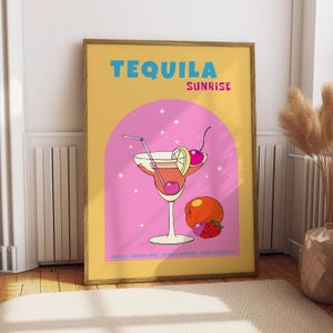 Póster de Tequila Sunrise - Decoración de cocina - Impresión de cocina - Póster de bebidas - Regalo para amantes del tequila - Impresión de bebidas para la cocina - Arte mural de cócteles