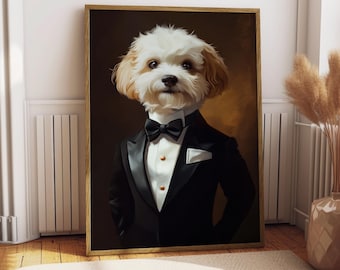 May include: A white and brown dog wearing a black tuxedo with a white pocket square and a black bow tie. The dog is standing in front of a brown background.